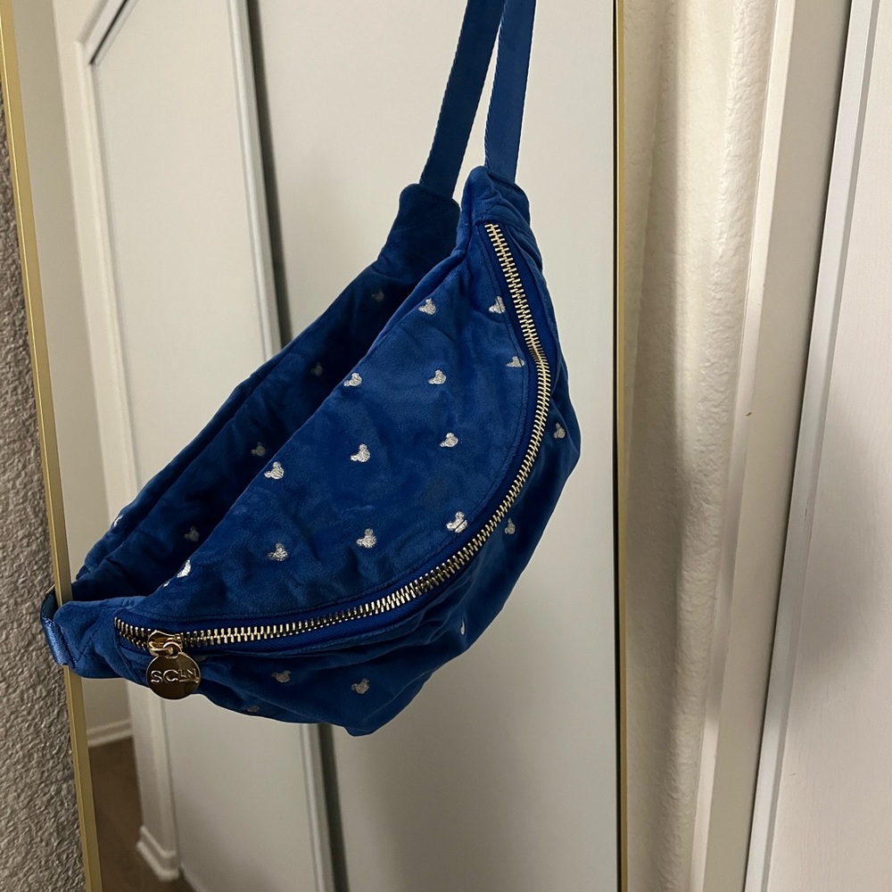 Stoney Clover Lane Blue Velvet jumbo fanny pack with Mickey Mouse Accents